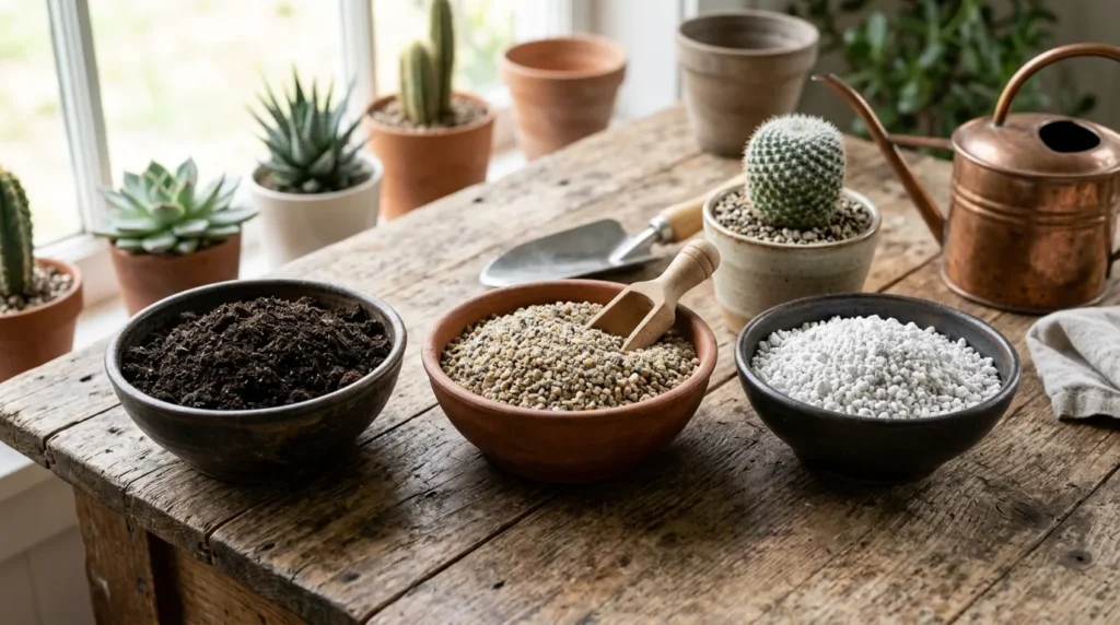 Ingredientes do substrato para cactos na mesa: terra, areia grossa e perlita separados em potes