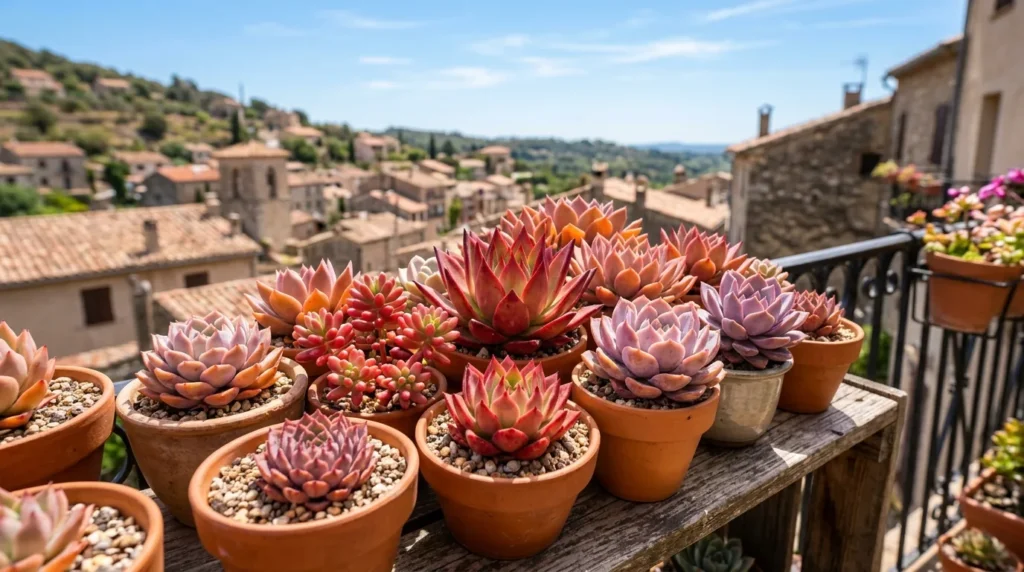 Suculentas coloridas tomando sol pleno numa varanda ensolarada, rosetas compactas