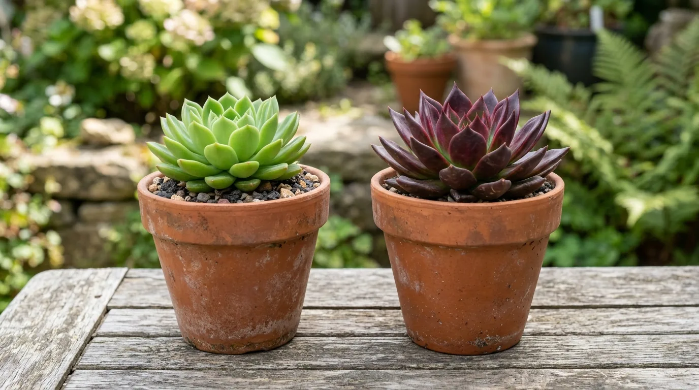 Comparação entre uma suculenta verde apagada e uma suculenta bem colorida lado a lado