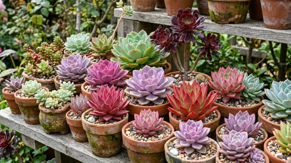 Suculentas coloridas em tons de rosa, roxo e vermelho sob luz forte, rosetas firmes e saudáveis