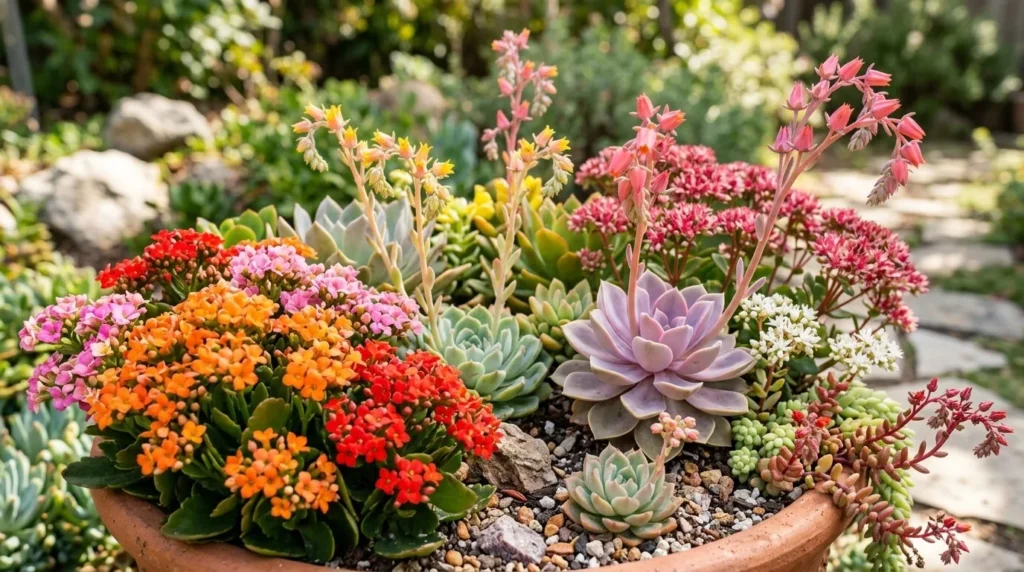 Variedade de suculentas floridas em cores vivas, incluindo kalanchoe e echeveria
