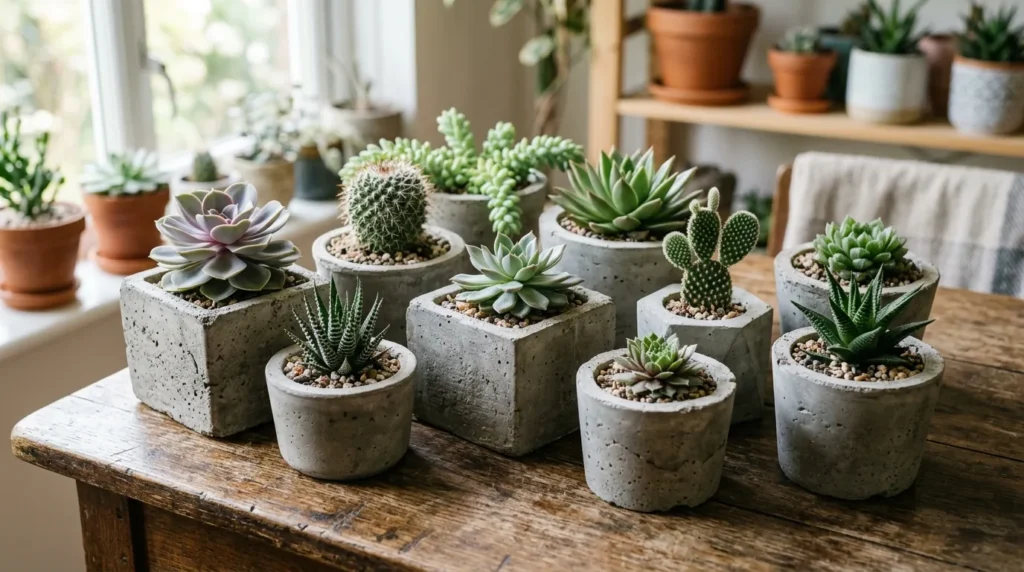 Suculentas plantadas em vasos de cimento cinza de estilo rústico industrial